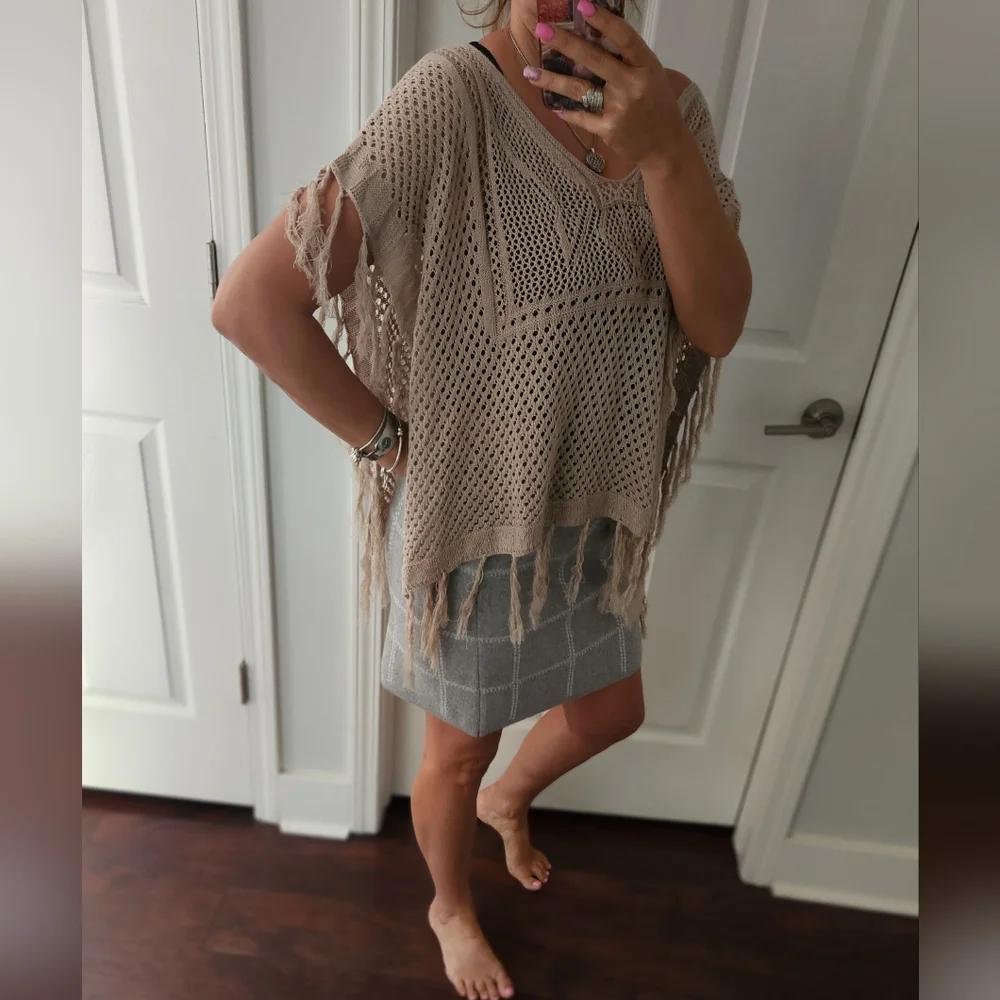 Boho Knit Crochet Poncho Fringe Sweater XL - Picture 11 of 11